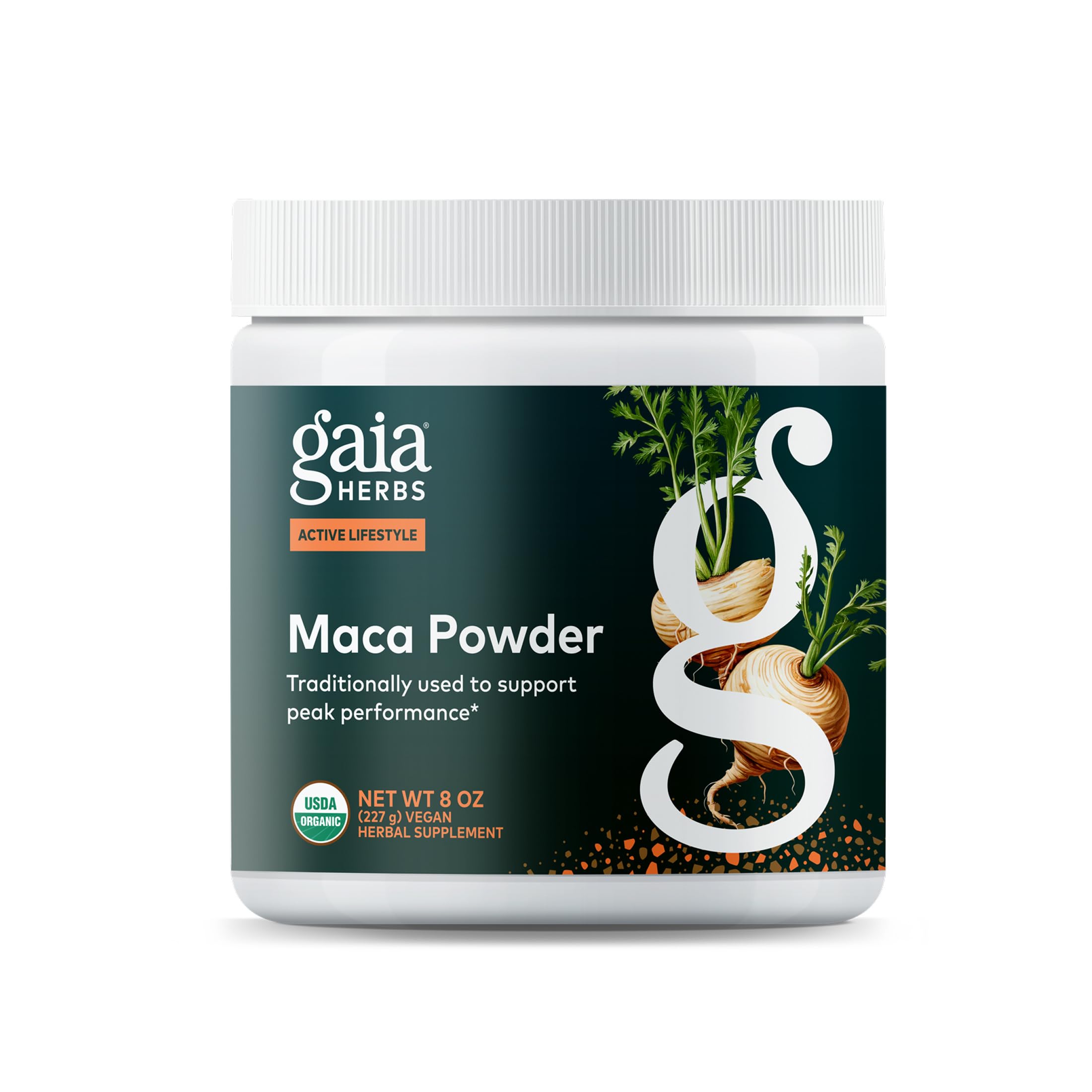 Gaia Herbs Maca Powder bottle highlights organic maca for steady daily energy