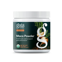 Gaia Herbs Maca Powder bottle highlights organic maca for steady daily energy