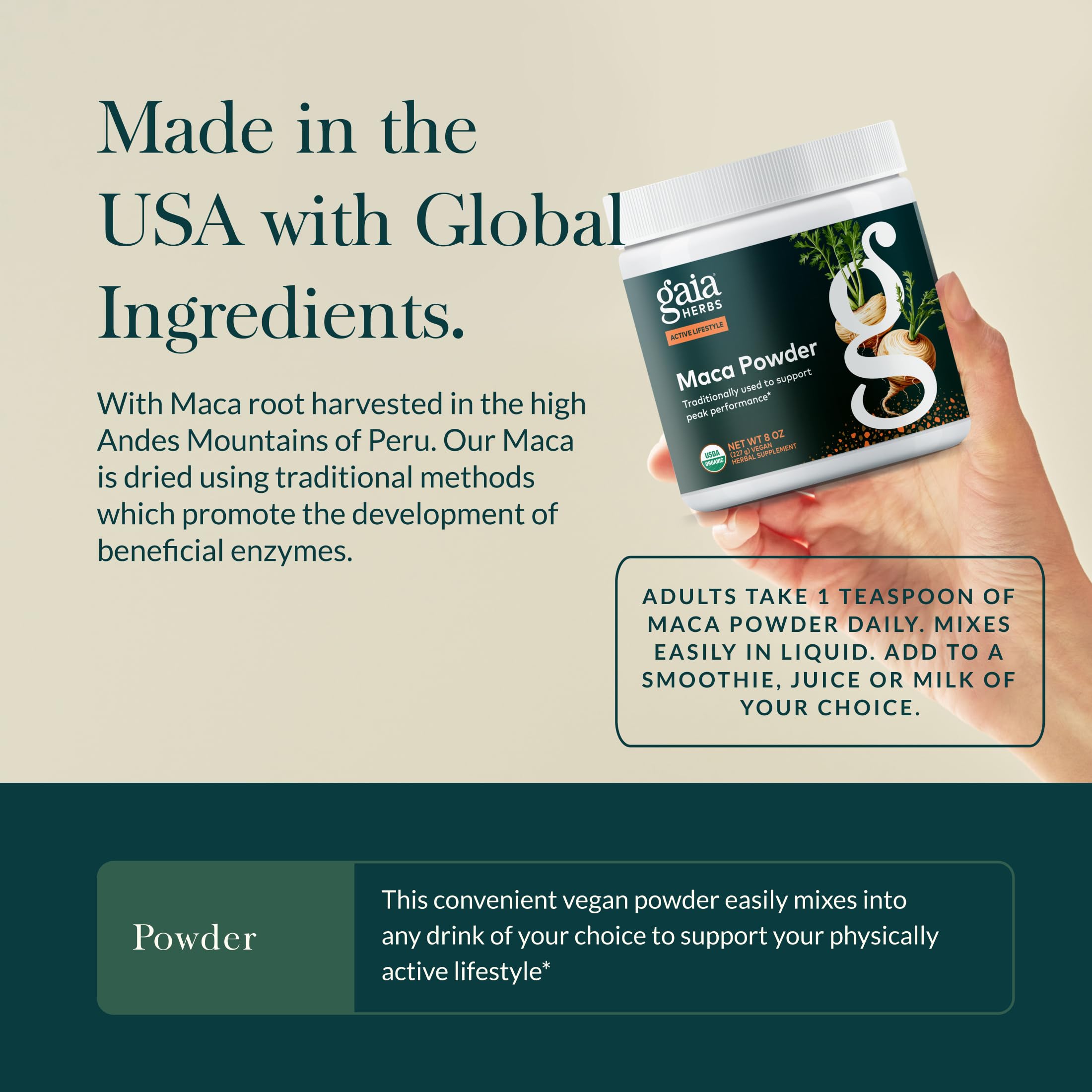 Gaia Herbs Maca Powder jar shows premium organic quality