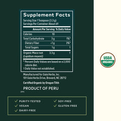 Gaia Herbs Maca Powder scoop demonstrates easy measuring for daily use