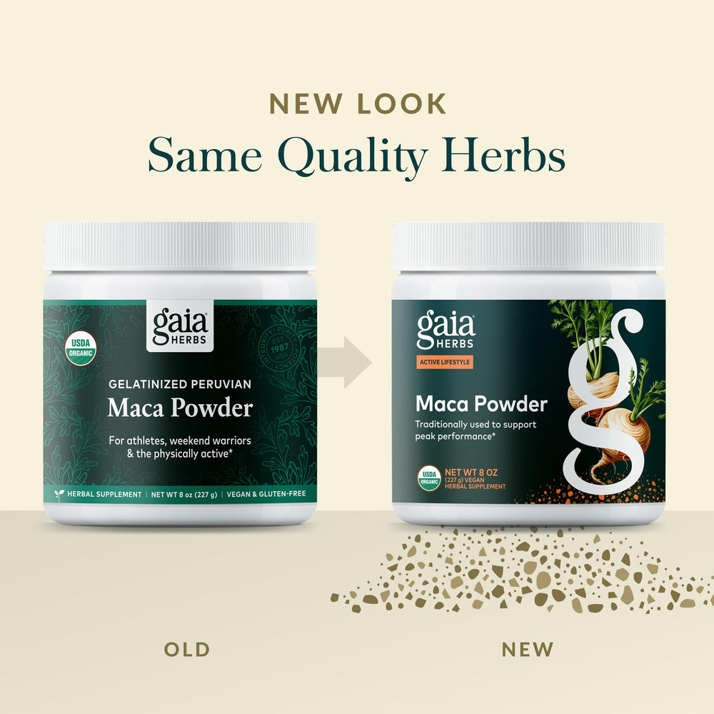 Gaia Herbs Maca Powder vegan gluten-free mark supports dietary choices