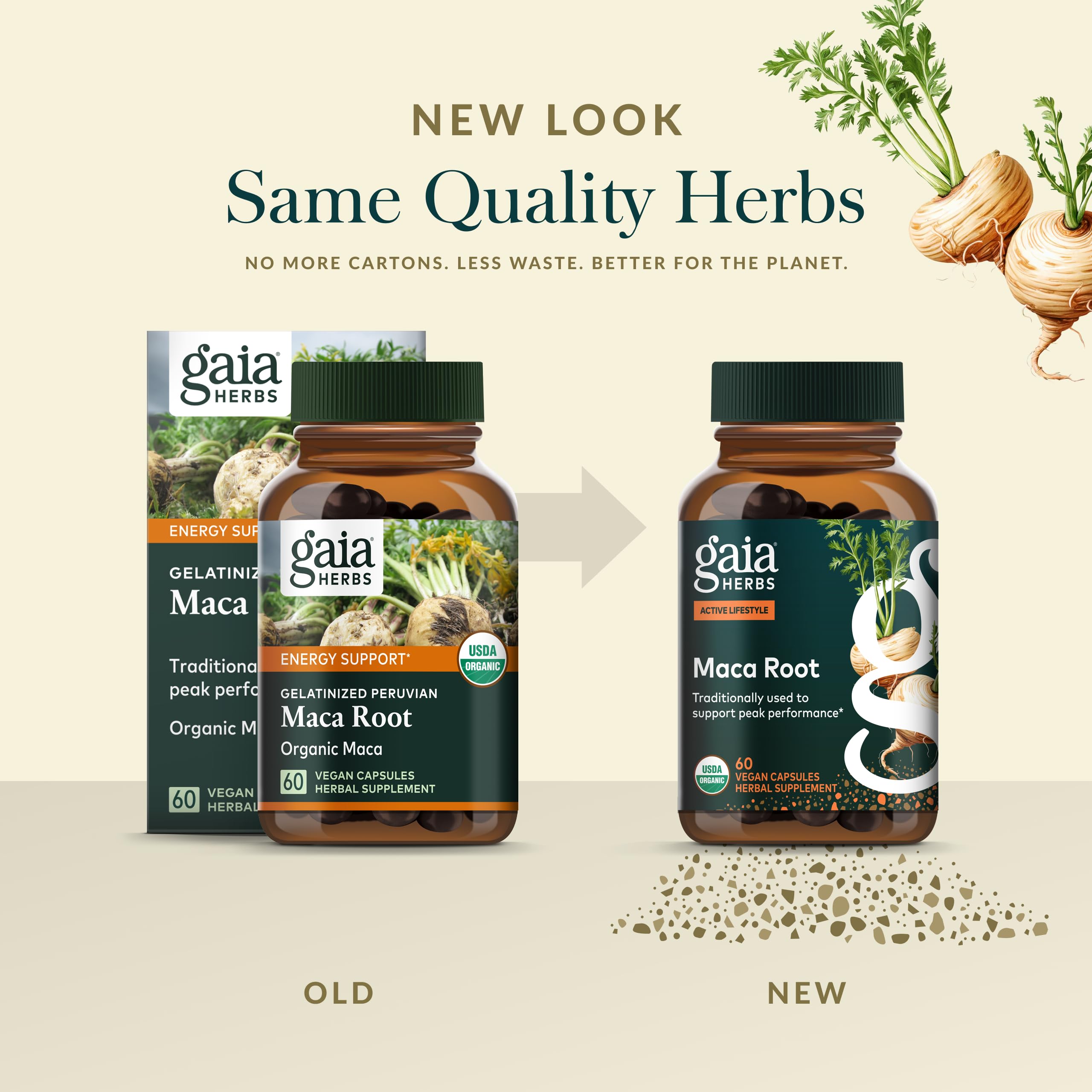 Gaia Herbs Maca Root bottle label details emphasize organic origin and allergen-free features.