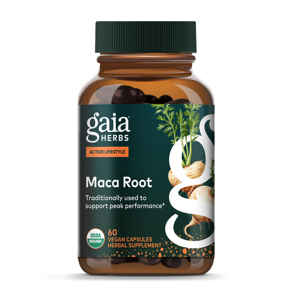 Gaia Herbs Maca Root capsules bottle supports caffeine-free energy for an active day.