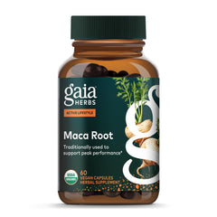 Gaia Herbs Maca Root capsules bottle supports caffeine-free energy for an active day.