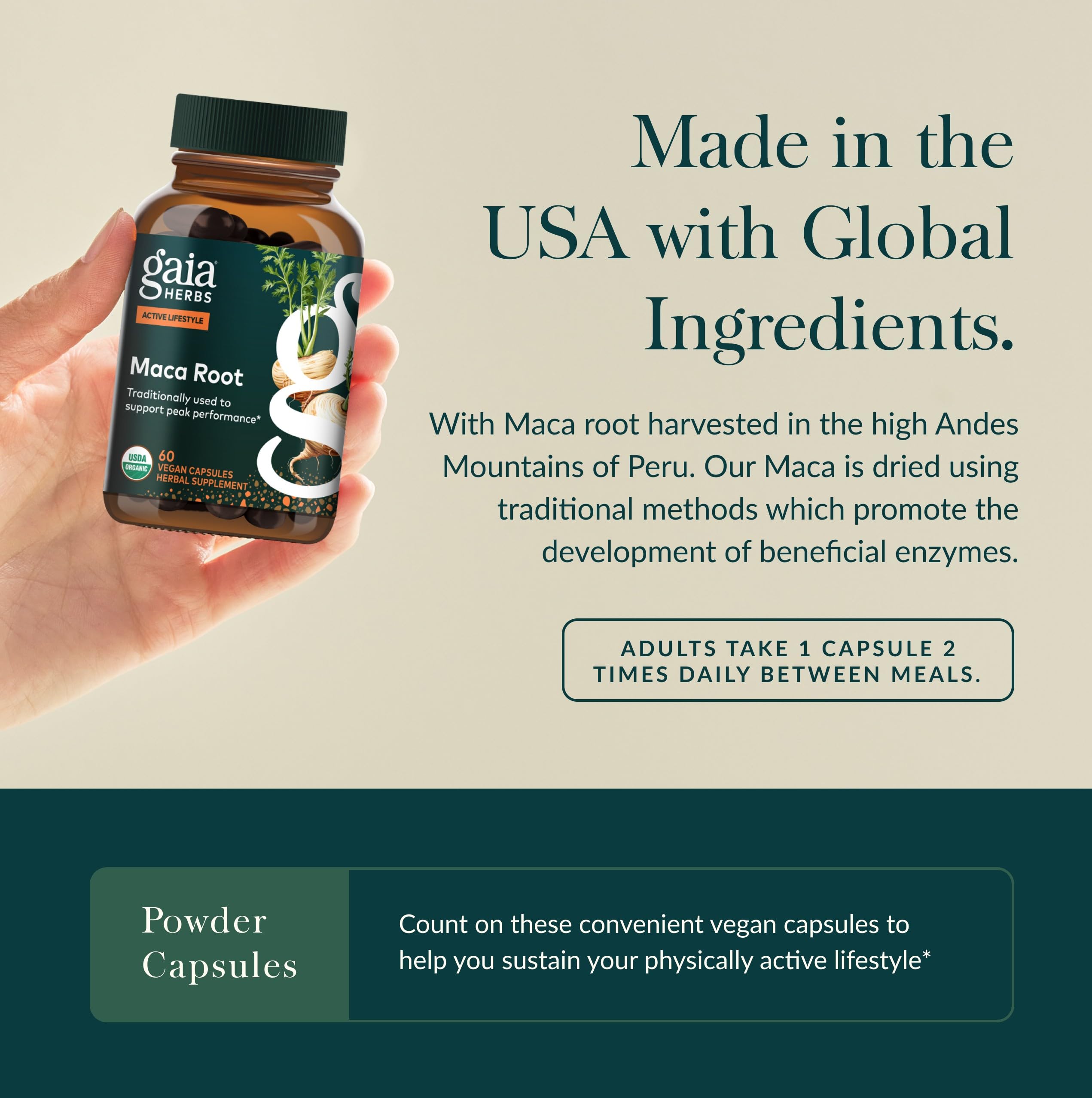Gaia Herbs Maca Root packaging on shelf suggests easy daily use for energy support.