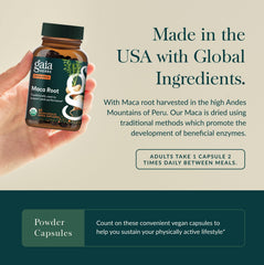 Gaia Herbs Maca Root packaging on shelf suggests easy daily use for energy support.