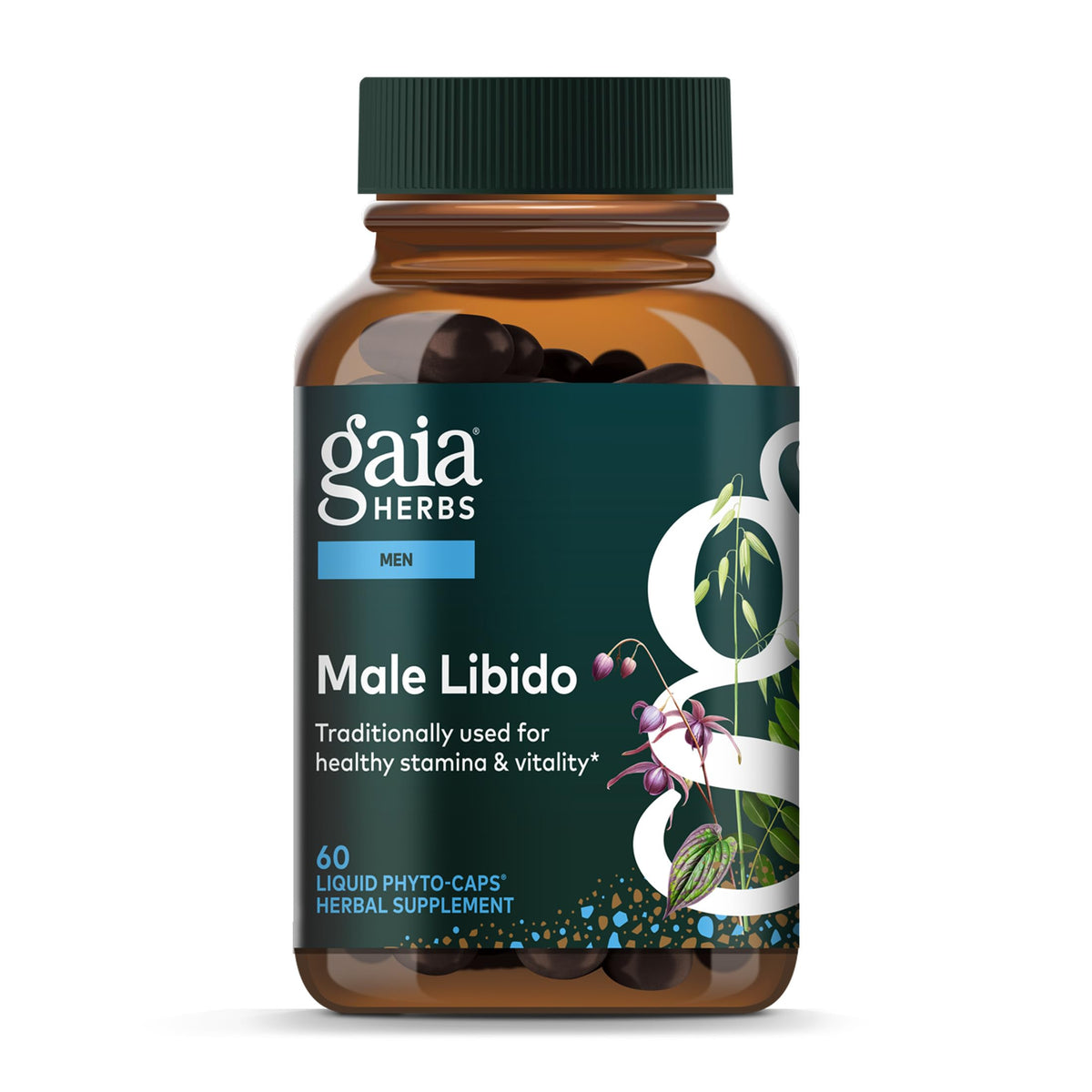 Gaia Herbs Male Libido bottle showing convenient plant-based capsules for daily vitality.