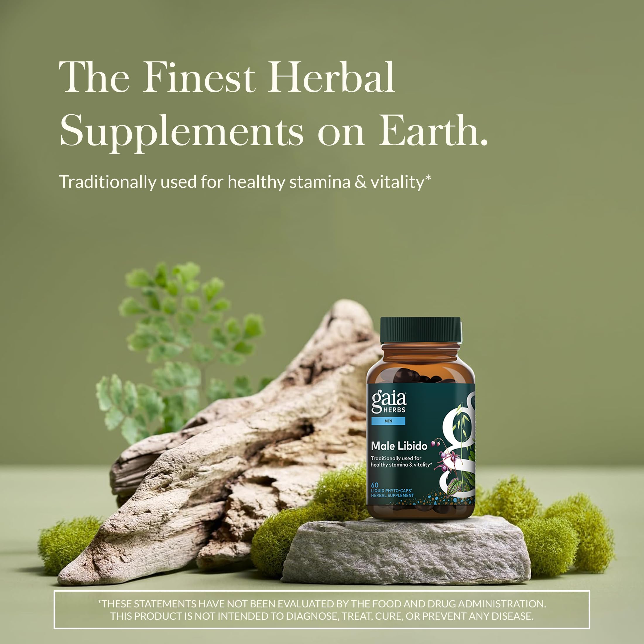 Close-up of Gaia Herbs Male Libido capsules highlighting easy daily intake.