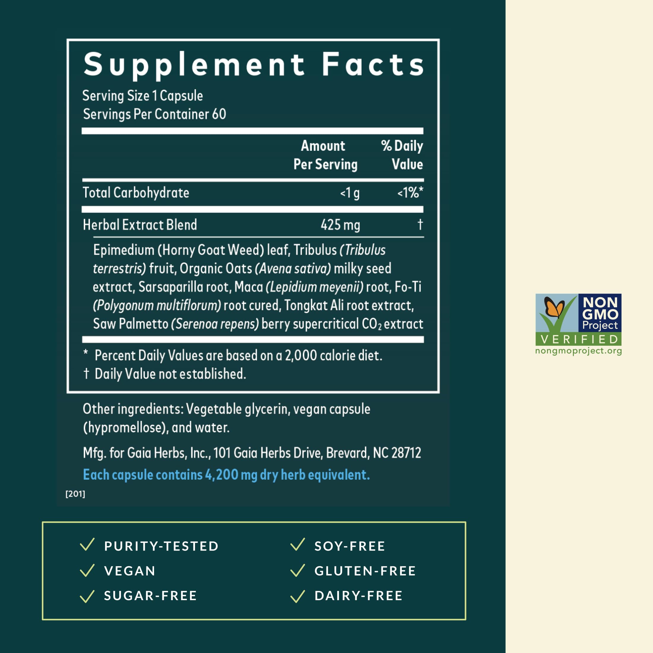 Gaia Herbs Male Libido label front emphasizing vegan formula and natural ingredients.