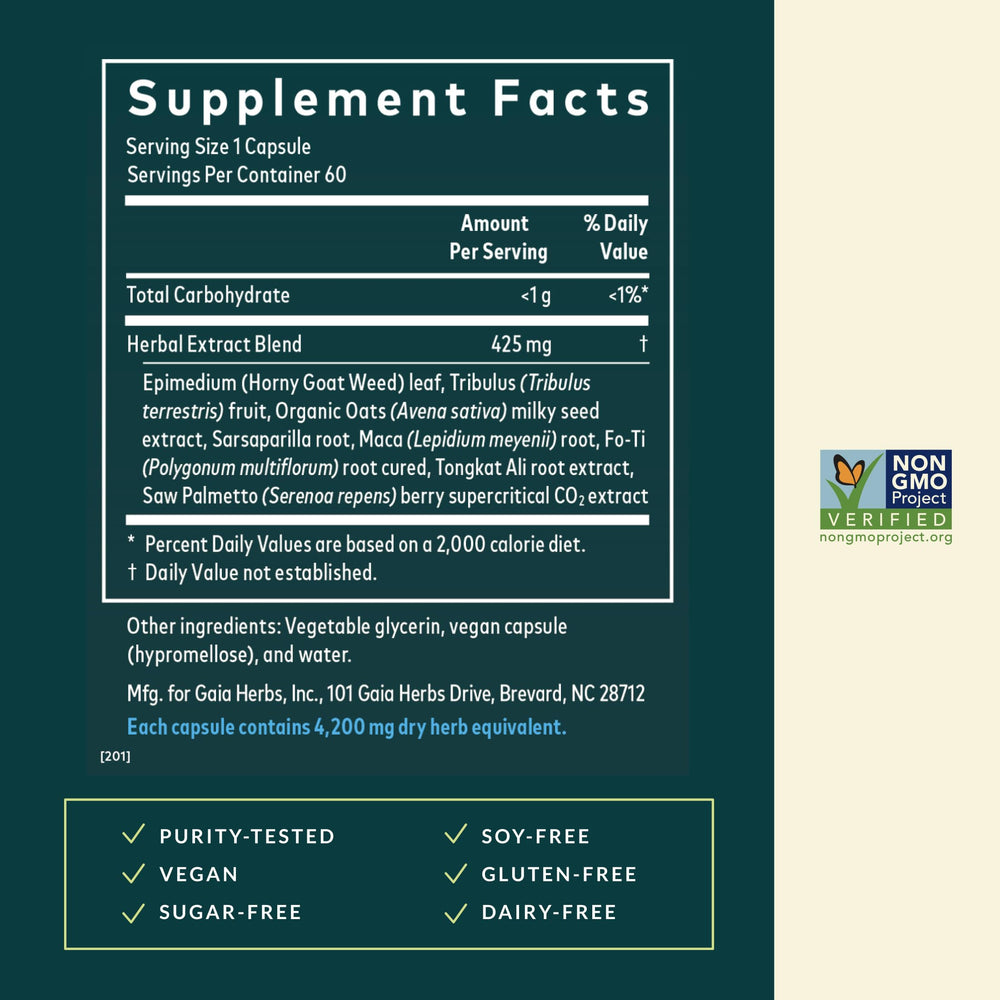 Gaia Herbs Male Libido label front emphasizing vegan formula and natural ingredients.