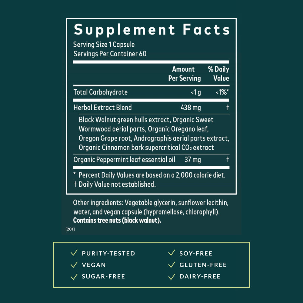 Gaia Herbs Microbiome Cleanse bottle pour demonstrates convenient daily dosing