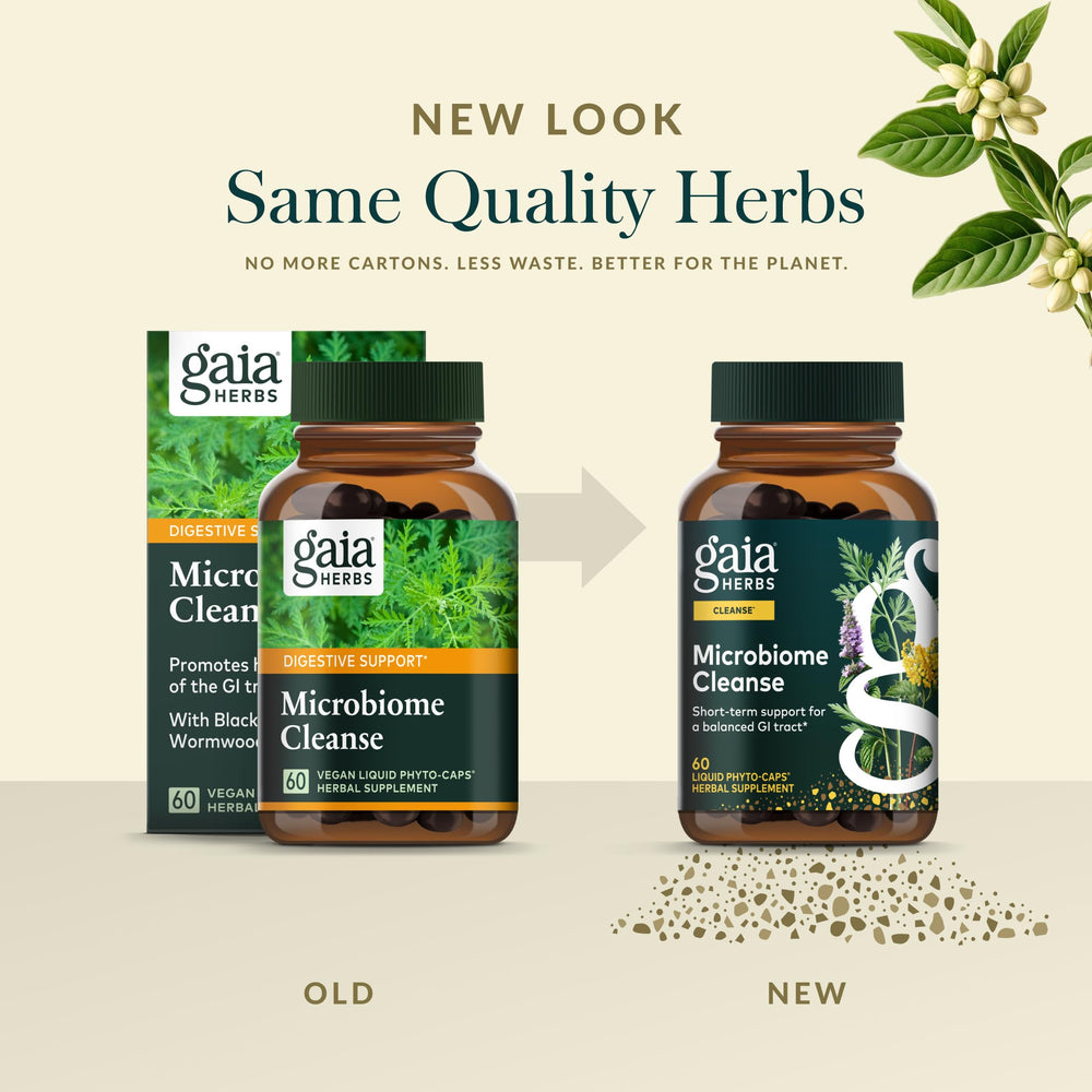 Gaia Herbs Microbiome Cleanse label detail highlights gluten-free dairy-free soy-free