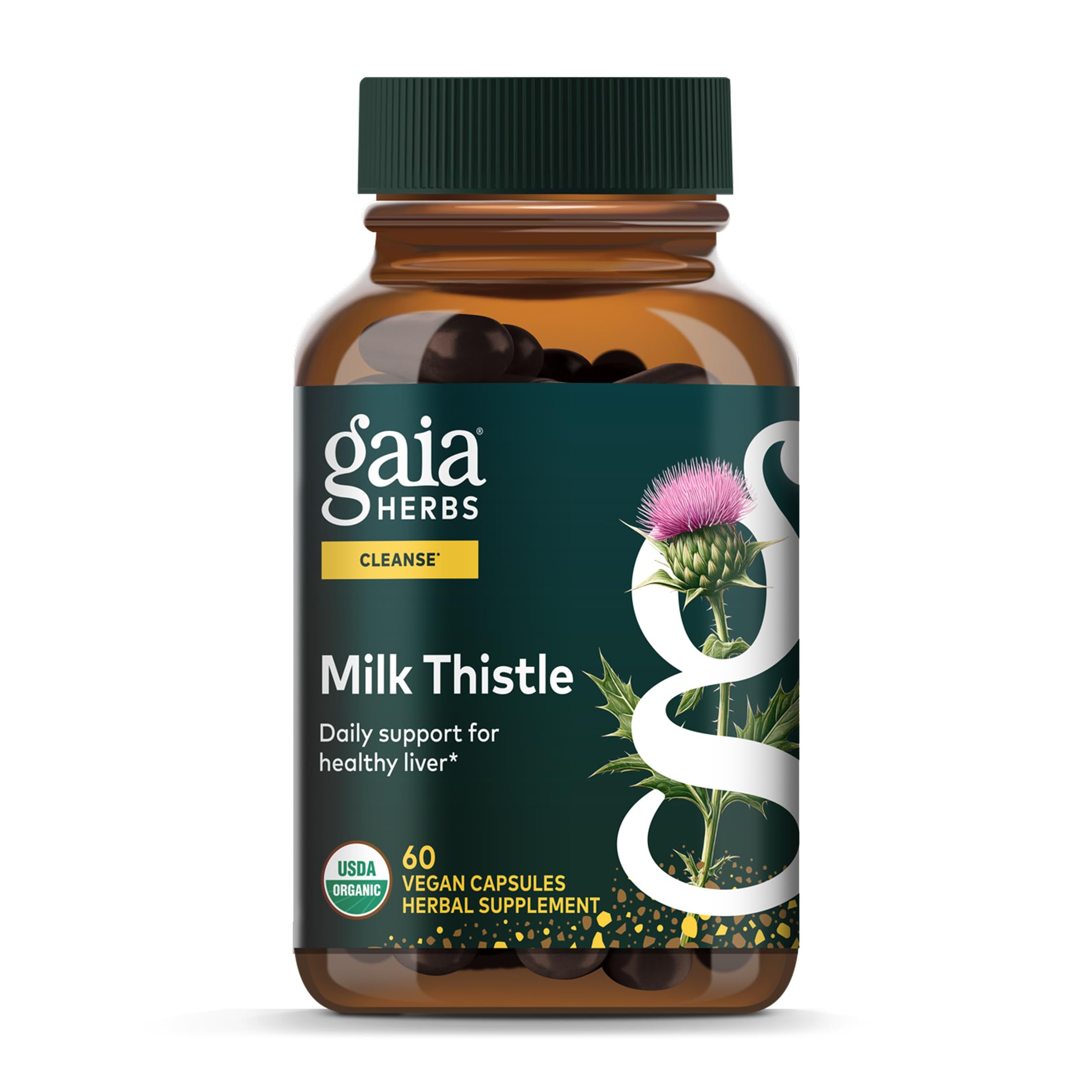Gaia Herbs Milk Thistle bottle and capsules support daily liver function.