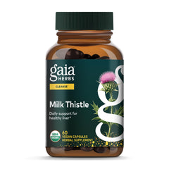 Gaia Herbs Milk Thistle bottle and capsules support daily liver function.