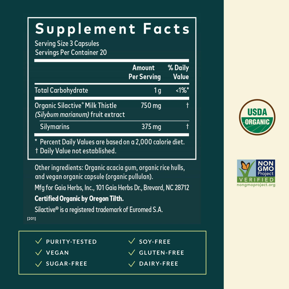 Gaia Herbs Milk Thistle capsules, convenient detox aid in vegan format.