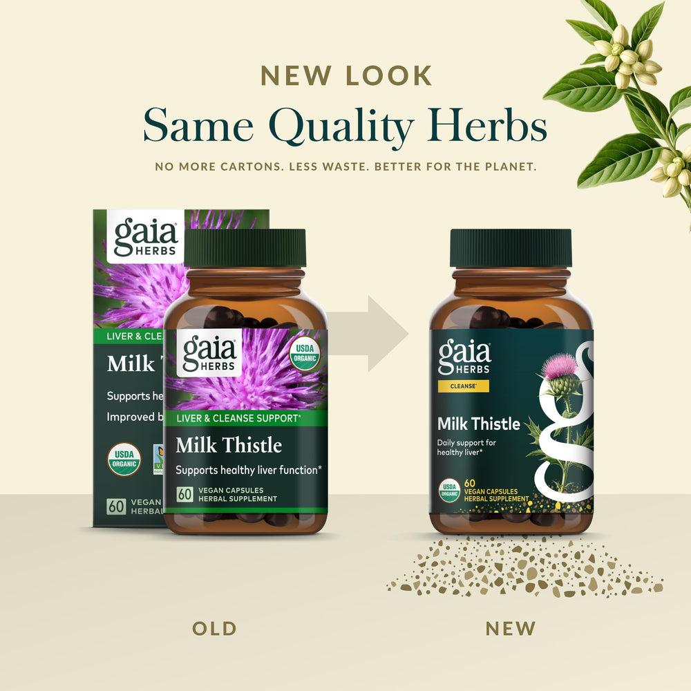Gaia Herbs Milk Thistle capsules with water illustrate simple daily intake.