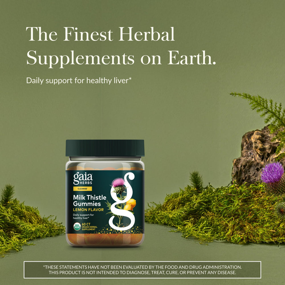 Gaia Herbs Milk Thistle Gummies lemon flavor on bottle label.