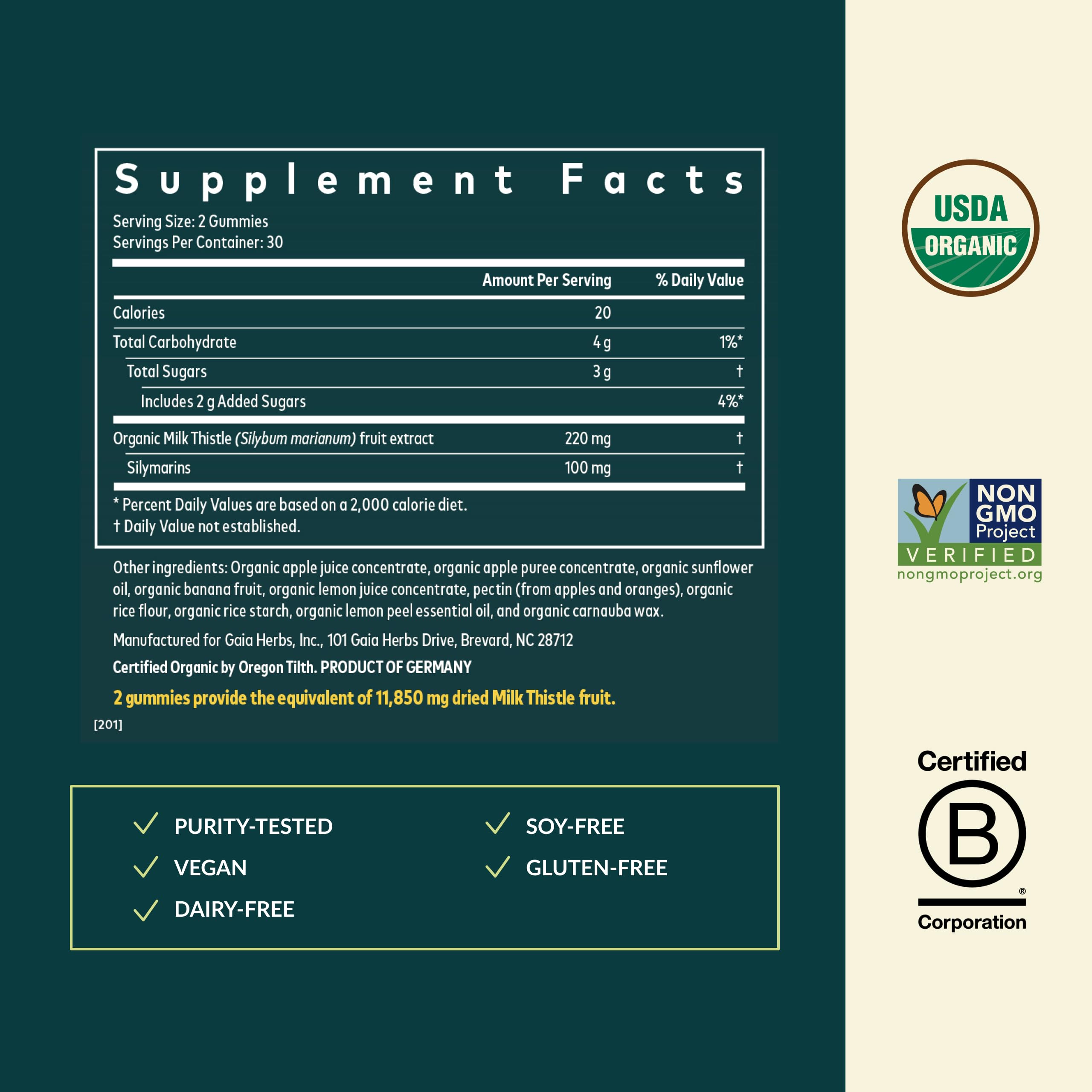 Gaia Herbs Milk Thistle Gummies organic ingredients featured on packaging.