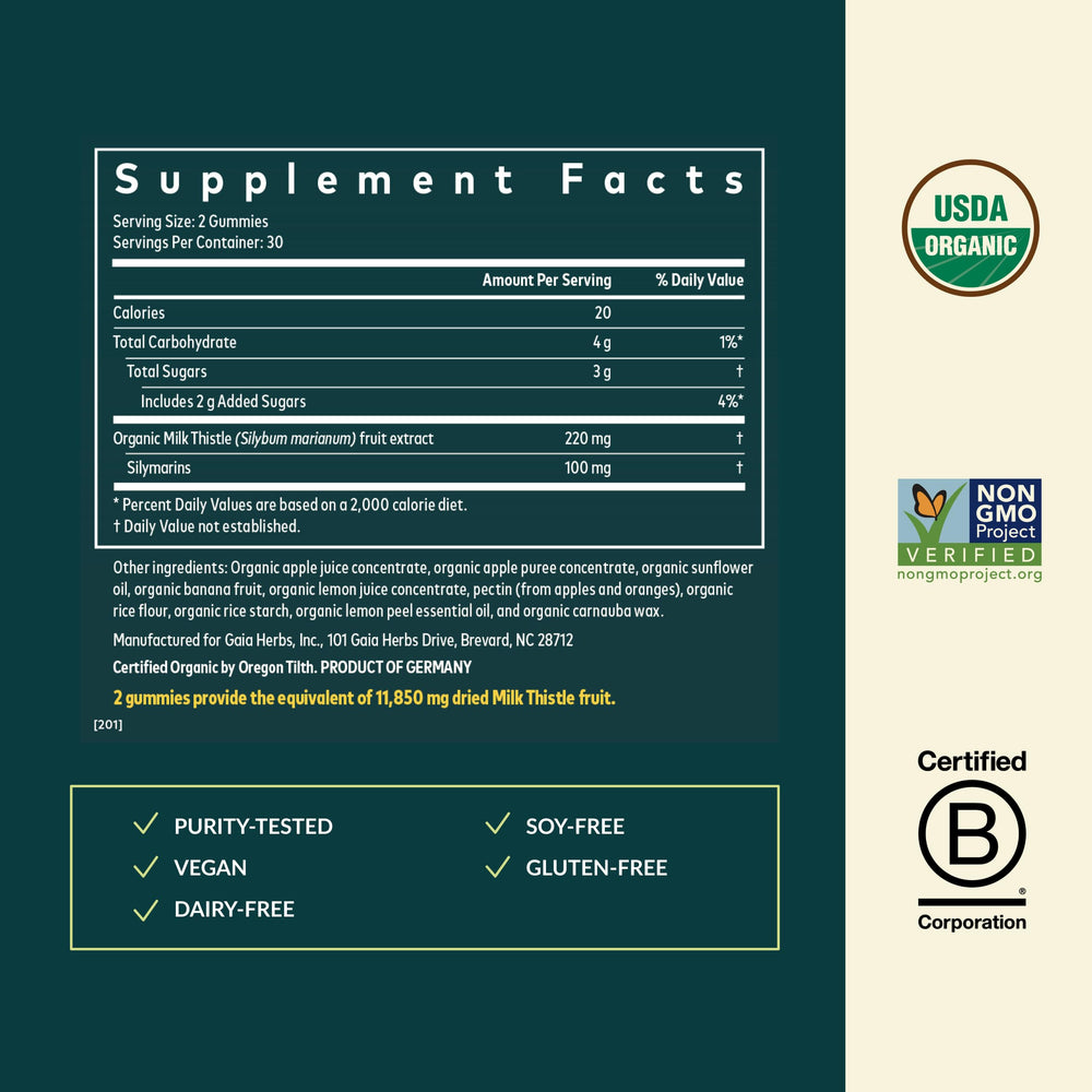 Gaia Herbs Milk Thistle Gummies organic ingredients featured on packaging.