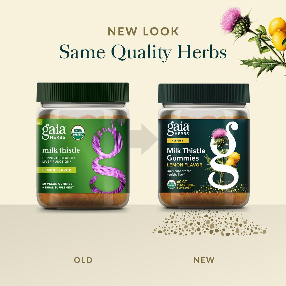 Gaia Herbs Milk Thistle Gummies vegan formulation highlighted on pouch.