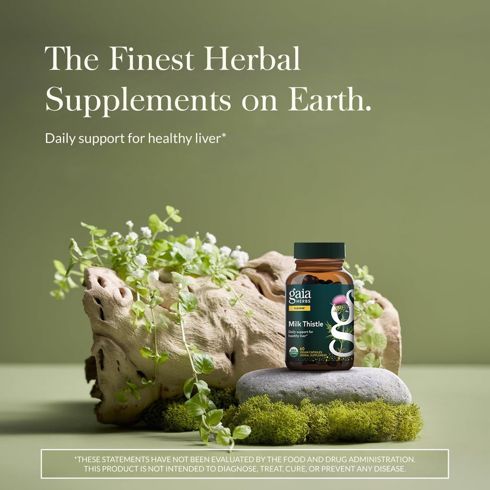 Gaia Herbs Milk Thistle packaging highlights organic full-spectrum extract.