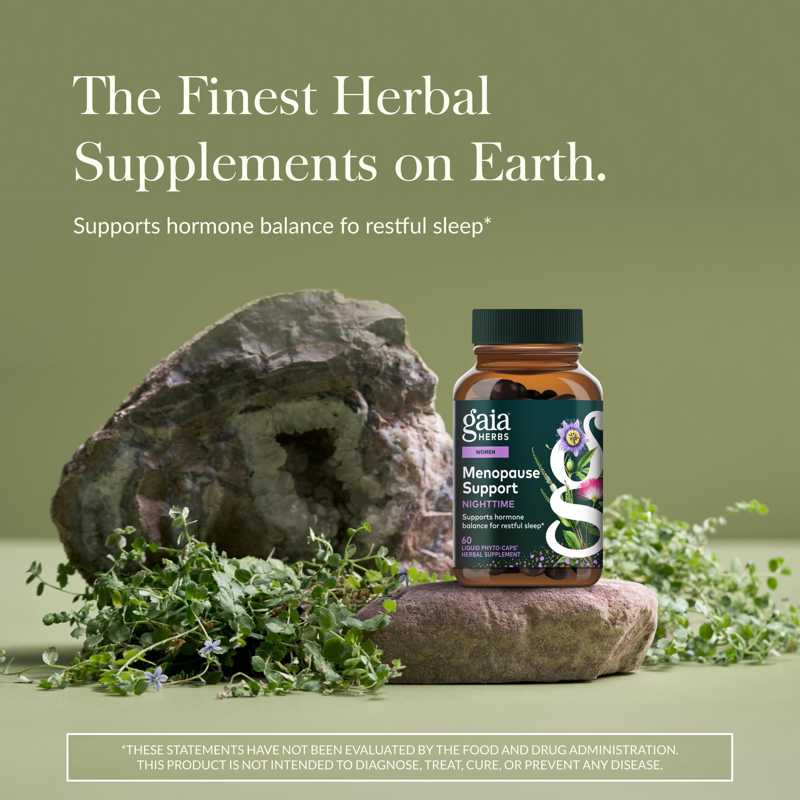 Gaia Herbs Nighttime Comfort capsules close-up highlighting vegan night-time botanicals