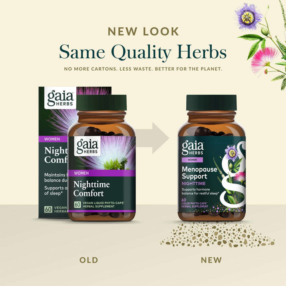Gaia Herbs Nighttime Comfort gluten-free packaging highlights allergen-friendly design