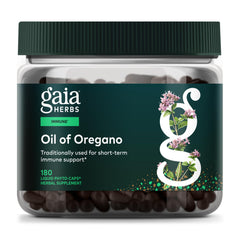 Gaia Herbs Oil of Oregano bottle highlights durable packaging for immune support.