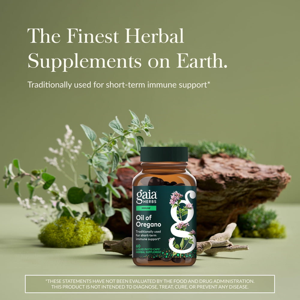 Gaia Herbs Oil of Oregano capsules close-up for daily antioxidant support.
