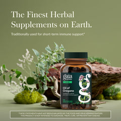 Gaia Herbs Oil of Oregano capsules close-up for vegan daily immune support.