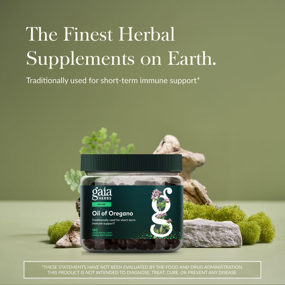 Gaia Herbs Oil of Oregano capsules offer convenient daily use.