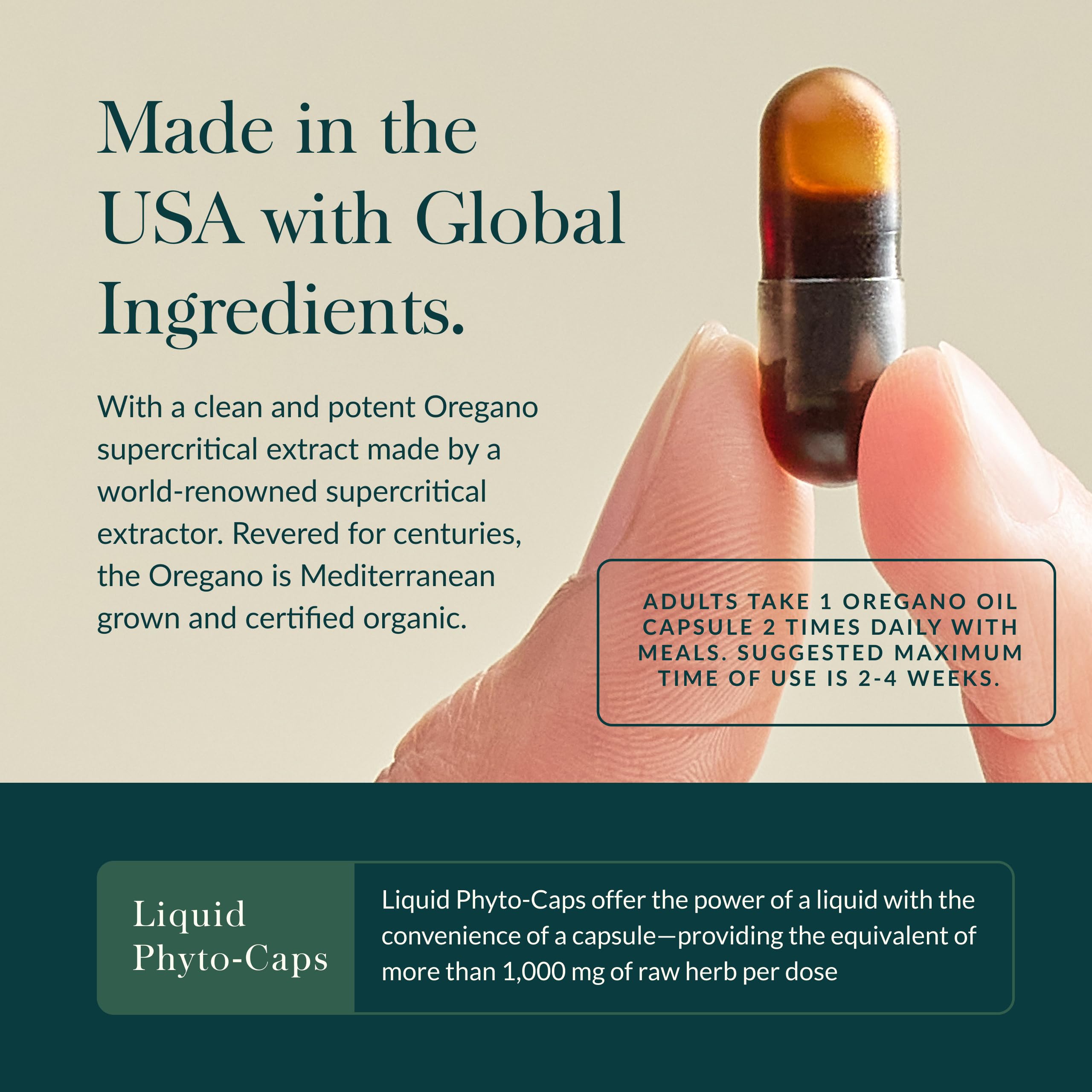 Label details on oregano oil show carvacrol and thymol content.