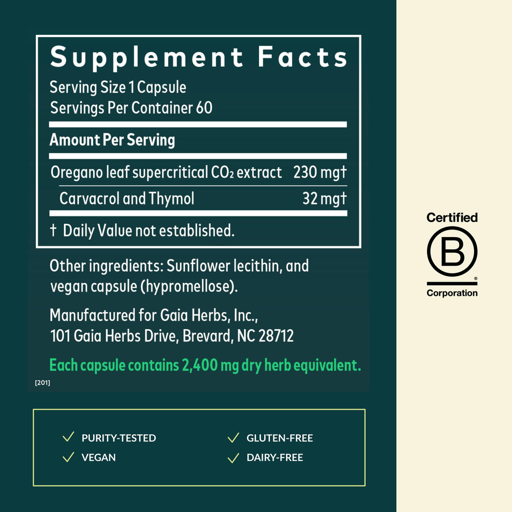 Gaia Herbs Oil of Oregano label highlighting carvacrol and thymol components.