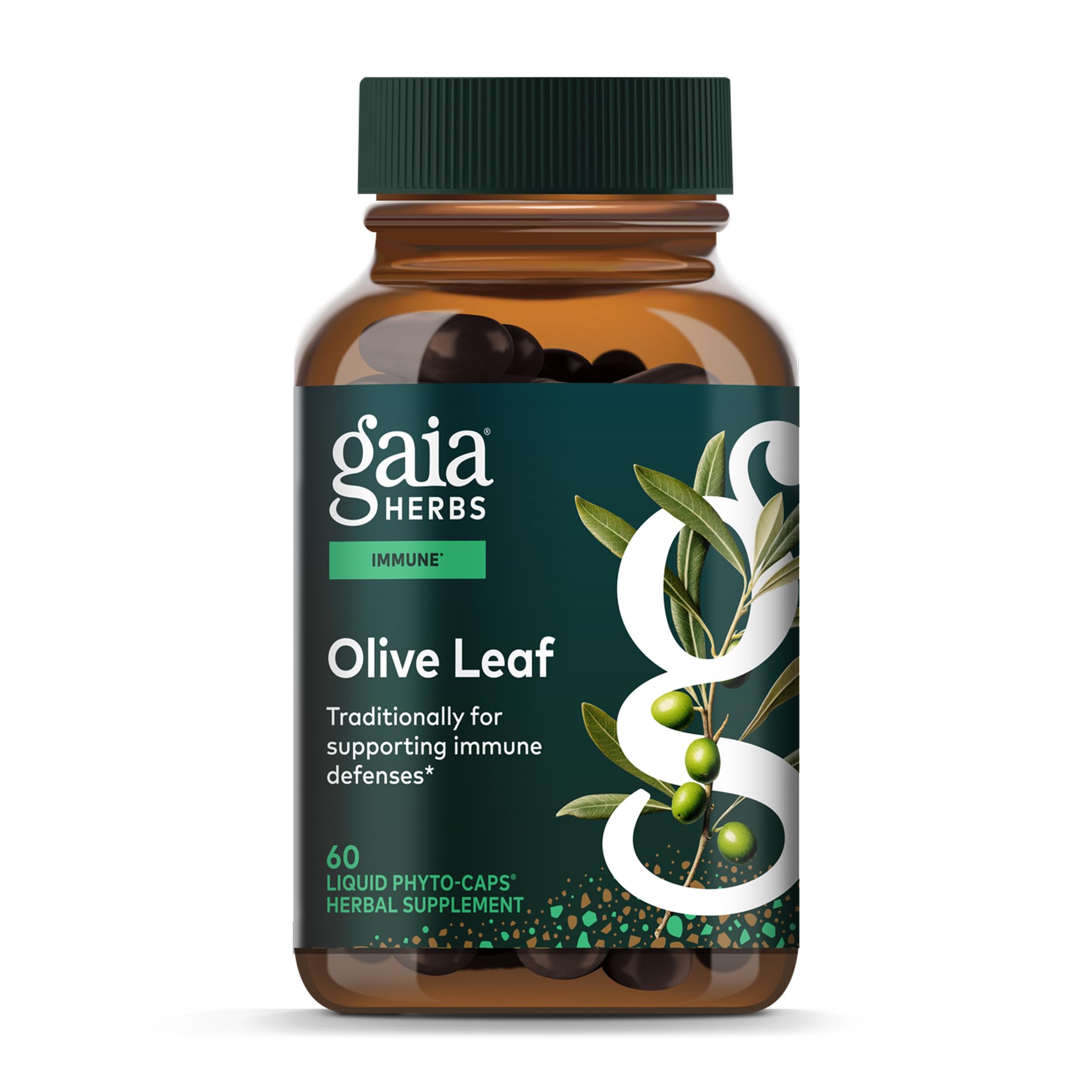 Gaia Herbs Olive Leaf bottle highlighting immune support with olive leaf extract.