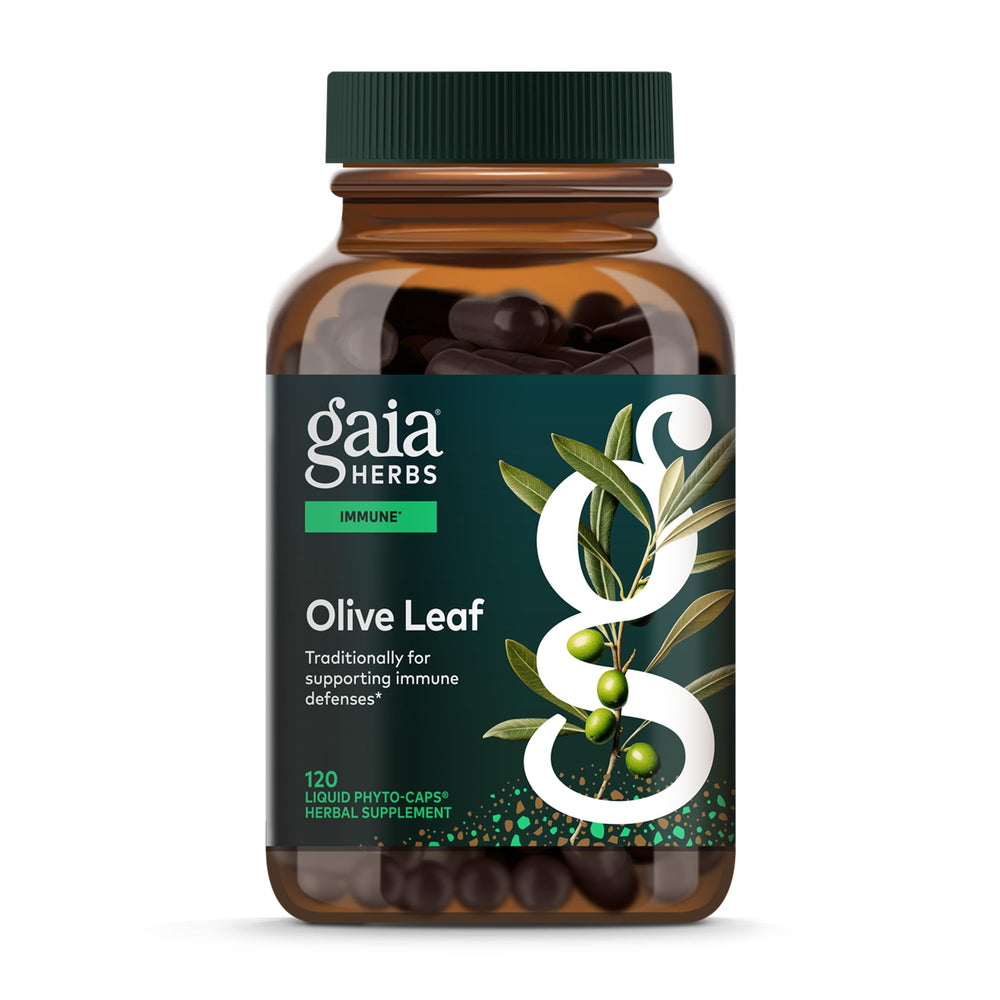Gaia Herbs Olive Leaf bottle with clear packaging for easy daily immune-support use