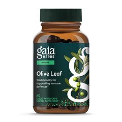 Gaia Herbs Olive Leaf bottle highlighting immune support with olive leaf extract.