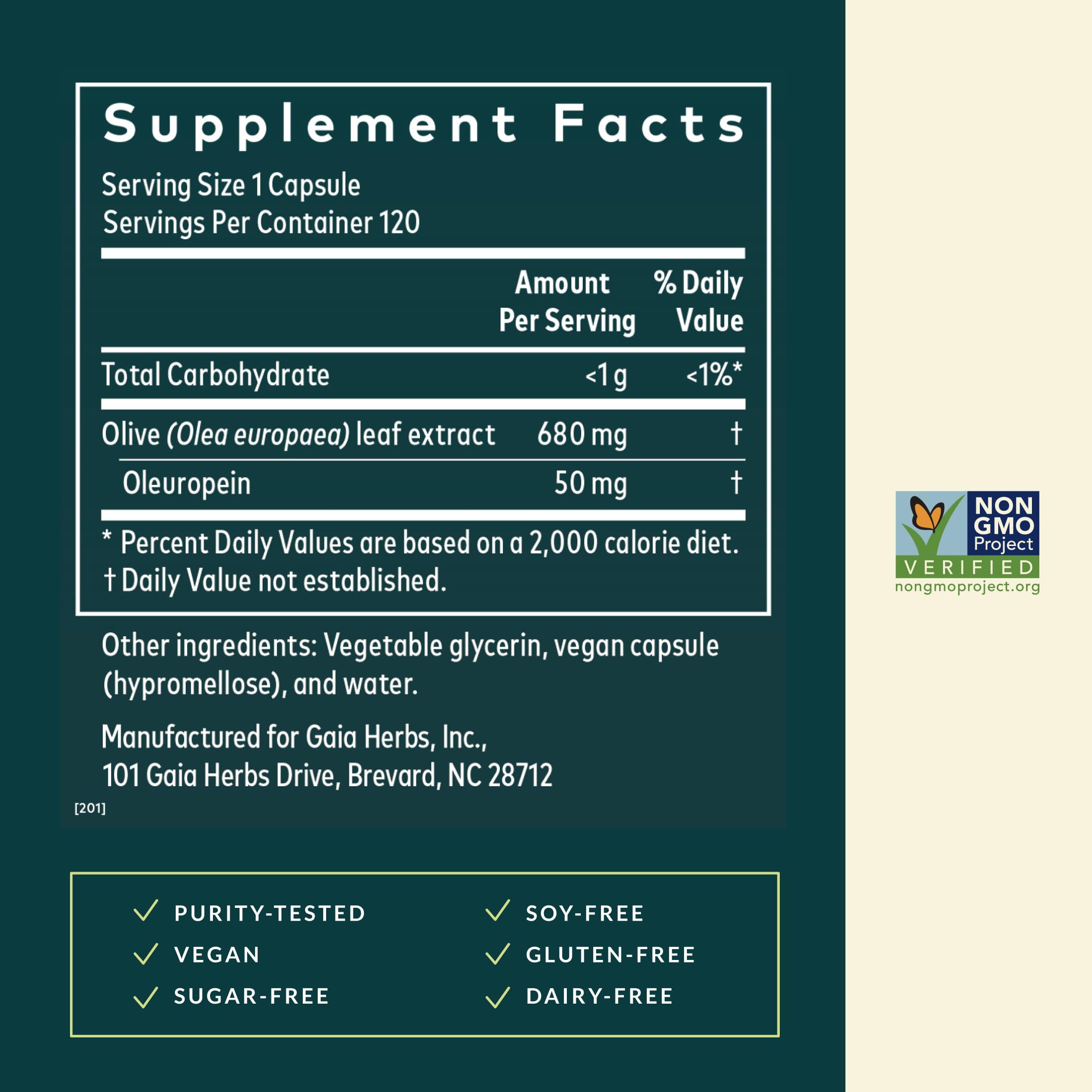 Gaia Herbs Olive Leaf capsules offer vegan phyto-caps for convenient daily supplementation