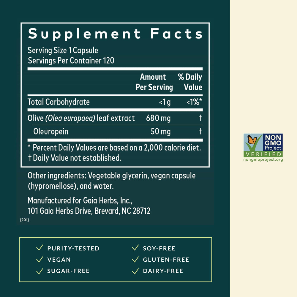 Gaia Herbs Olive Leaf capsules offer vegan phyto-caps for convenient daily supplementation