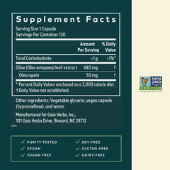 Gaia Herbs Olive Leaf capsules offer vegan phyto-caps for convenient daily supplementation