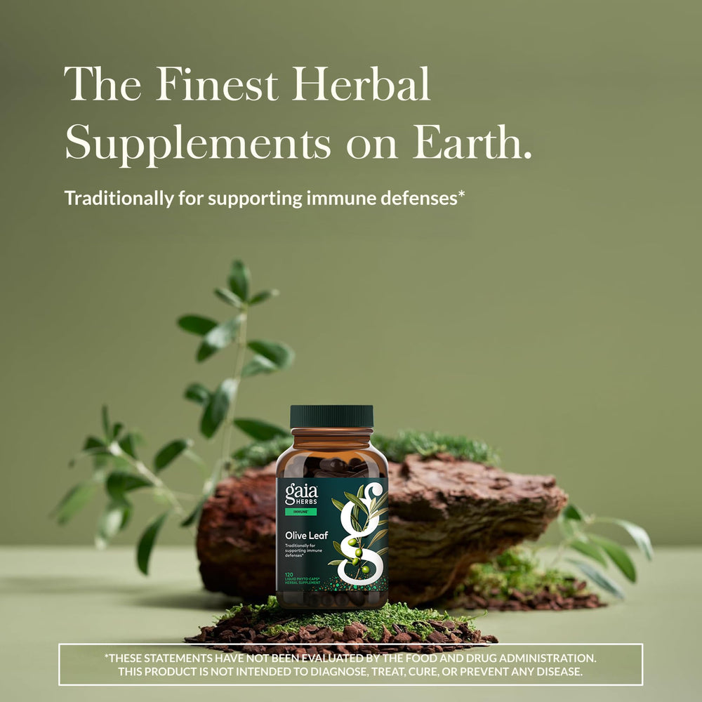 Gaia Herbs Olive Leaf label detail emphasizes purity and Spain-sourced co-op ingredients