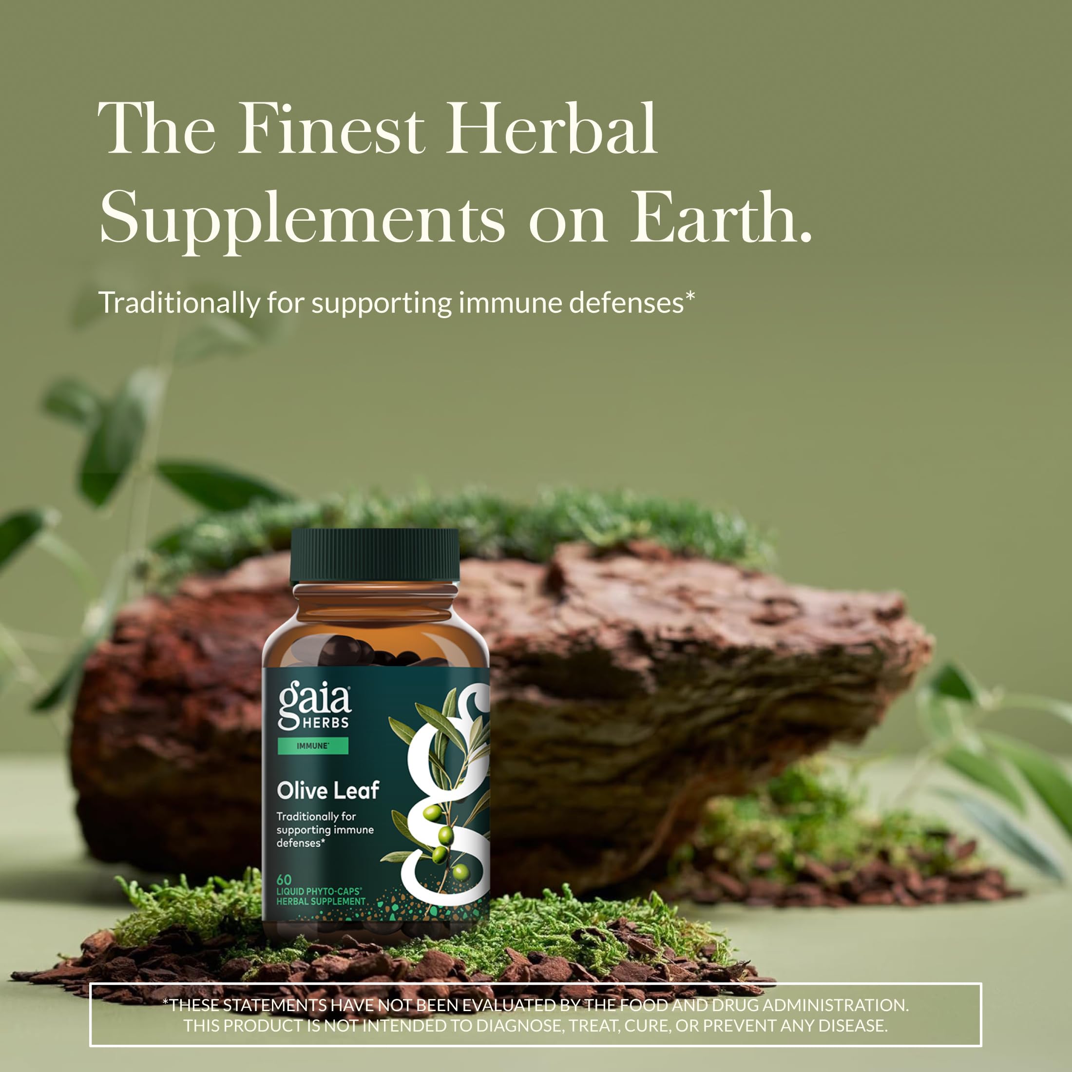 Ga ia Herbs Olive Leaf label emphasizes oleuropein-rich vegan capsules.