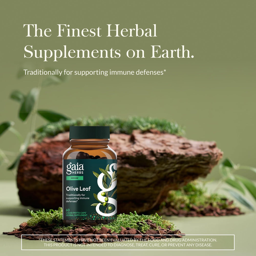 Ga ia Herbs Olive Leaf label emphasizes oleuropein-rich vegan capsules.
