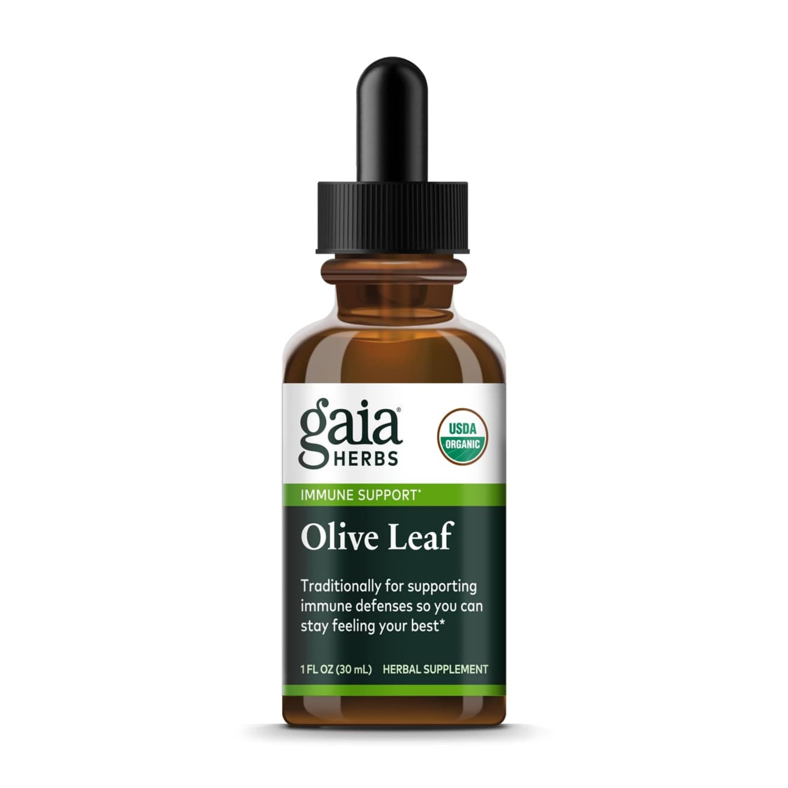 Gaia Herbs Olive Leaf Liquid Extract bottle displayed for daily use