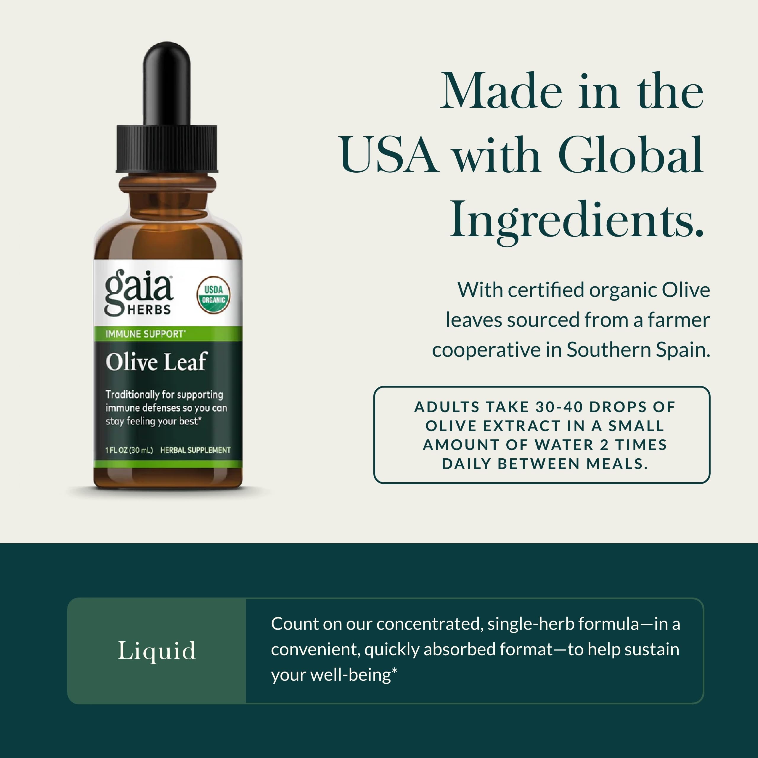 Amber bottle of Gaia Herbs olive leaf extract in soft light