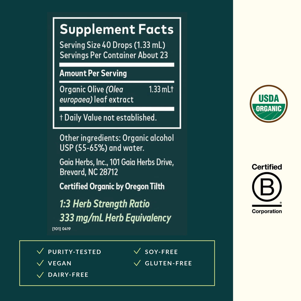 Label close-up on Gaia Herbs Olive Leaf Liquid Extract emphasizing organic quality