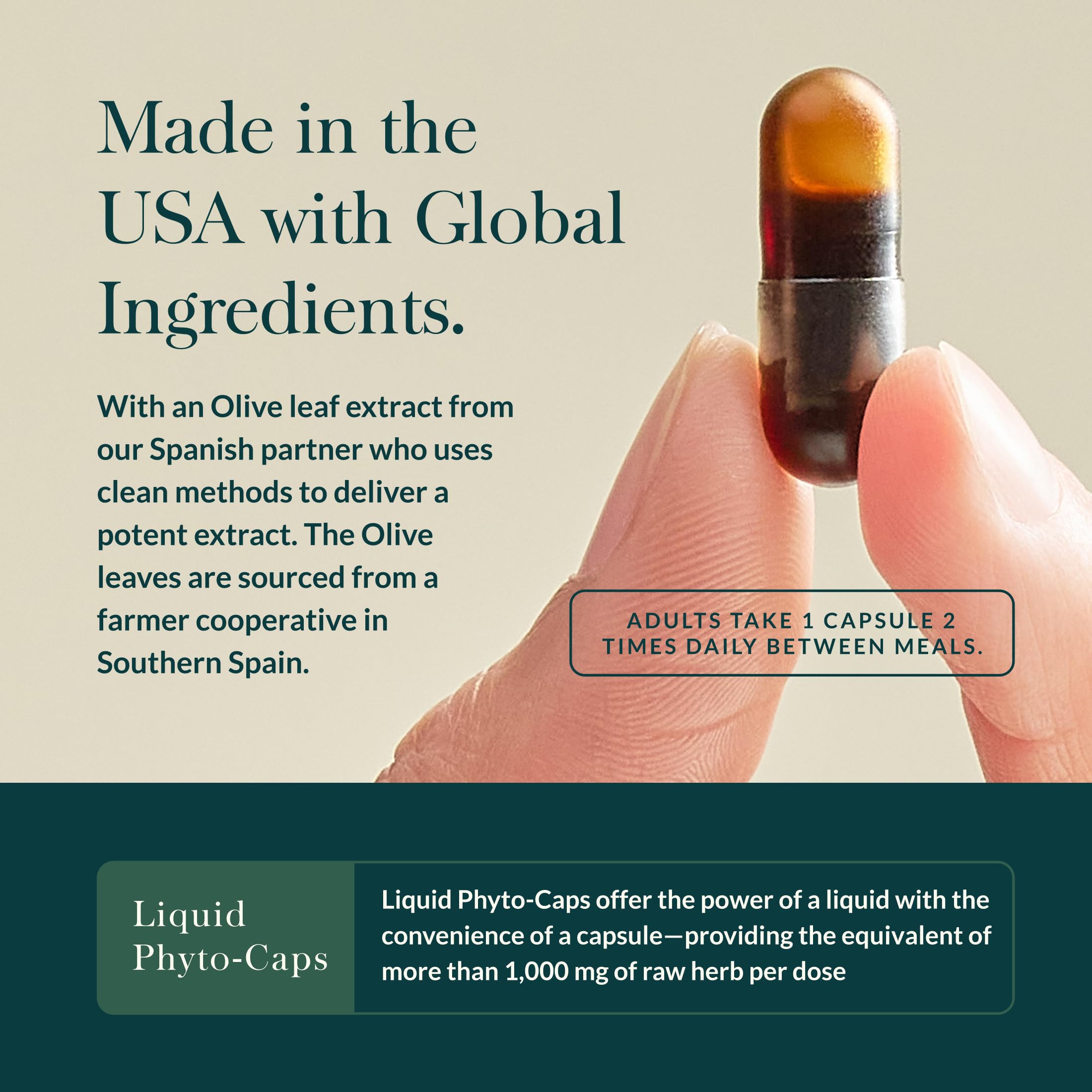 Gaia Herbs Olive Leaf pouring shot suggests quick, simple consumption any time