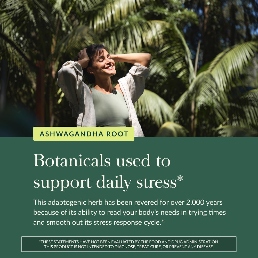 Gaia Herbs Organic Ashwagandha root; ethically sourced with social projects.