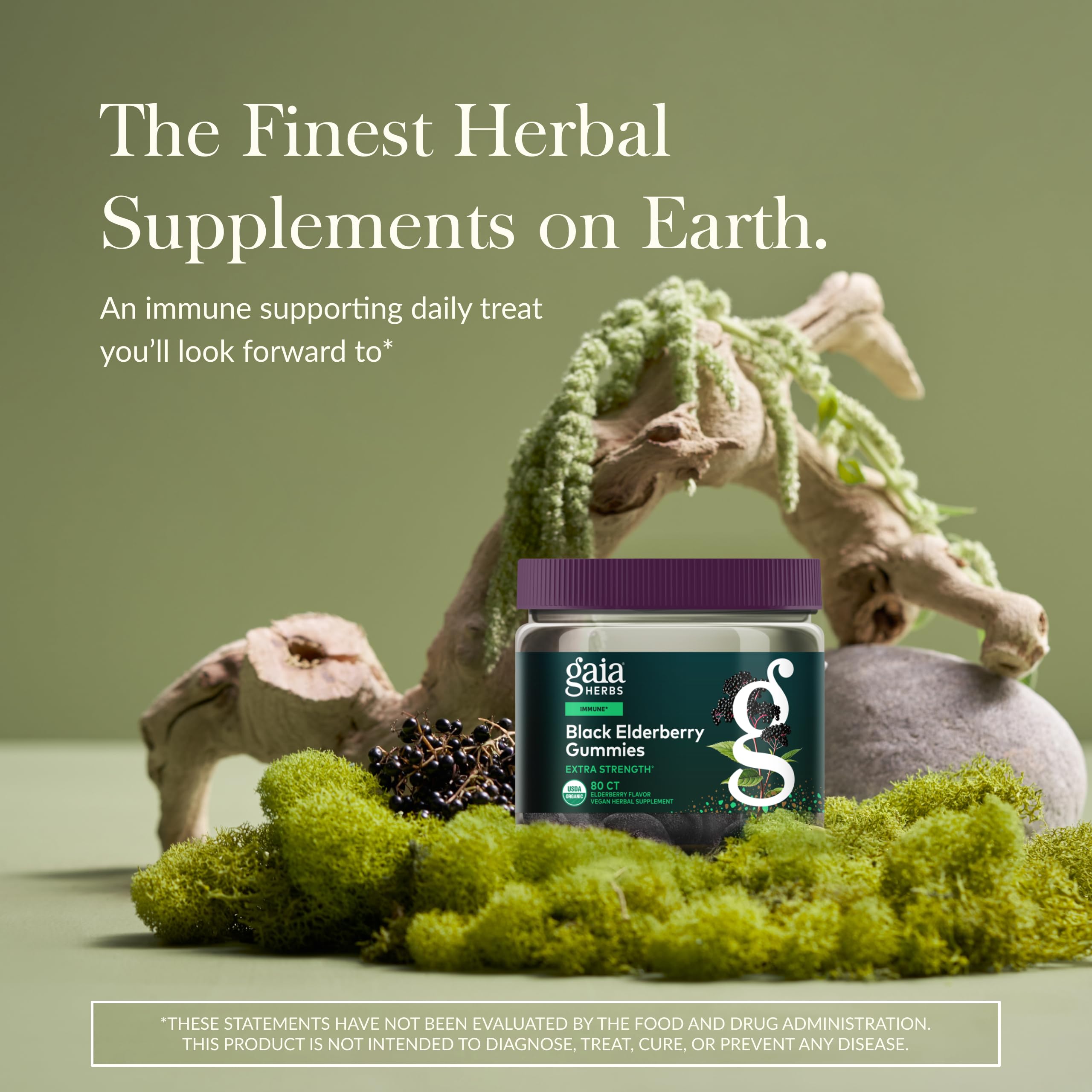 Gaia Herbs organic elderberry blend ingredients label shows clean, real-fruit sweetness.