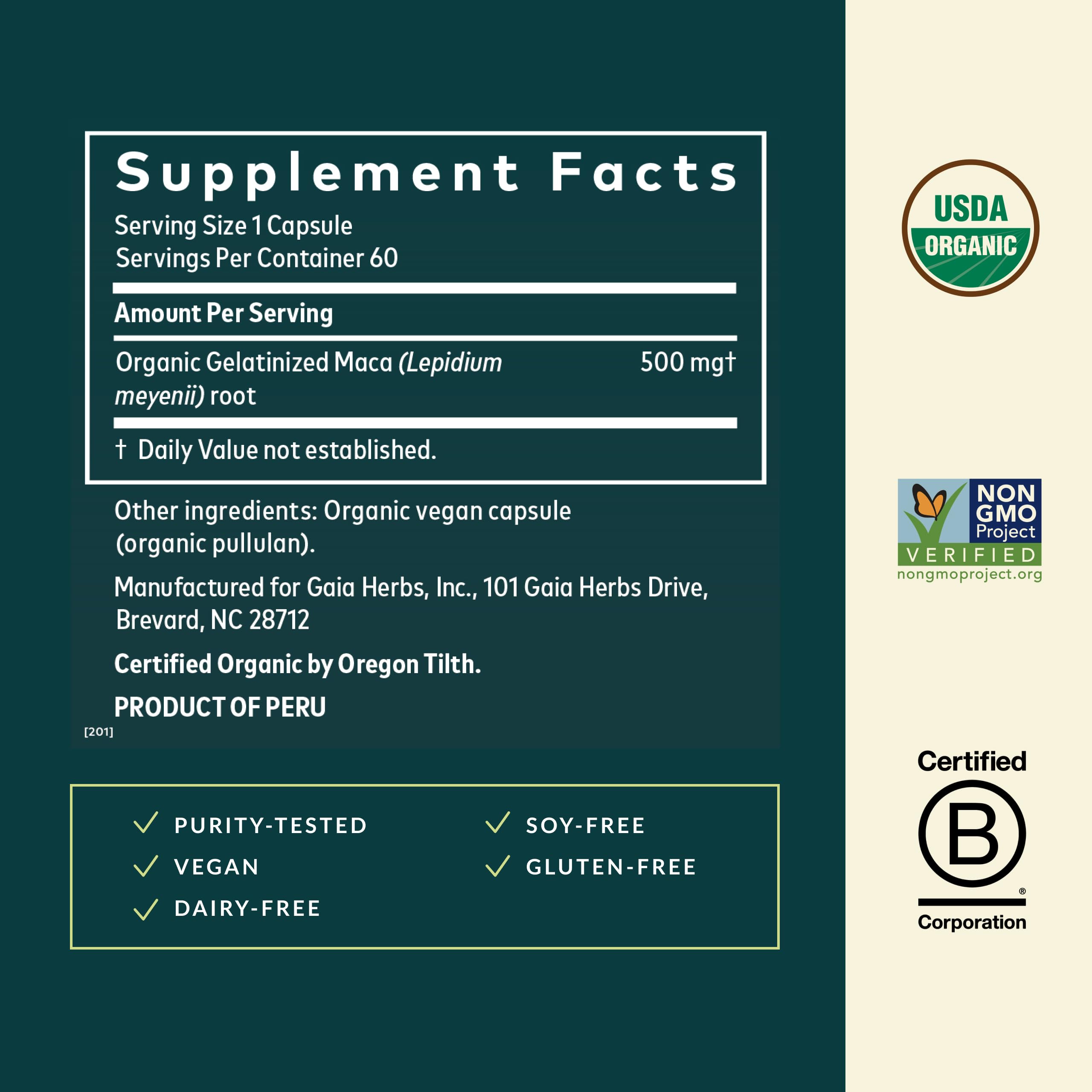 Gaia Herbs Maca Root label shows organic quality and clean ingredients.