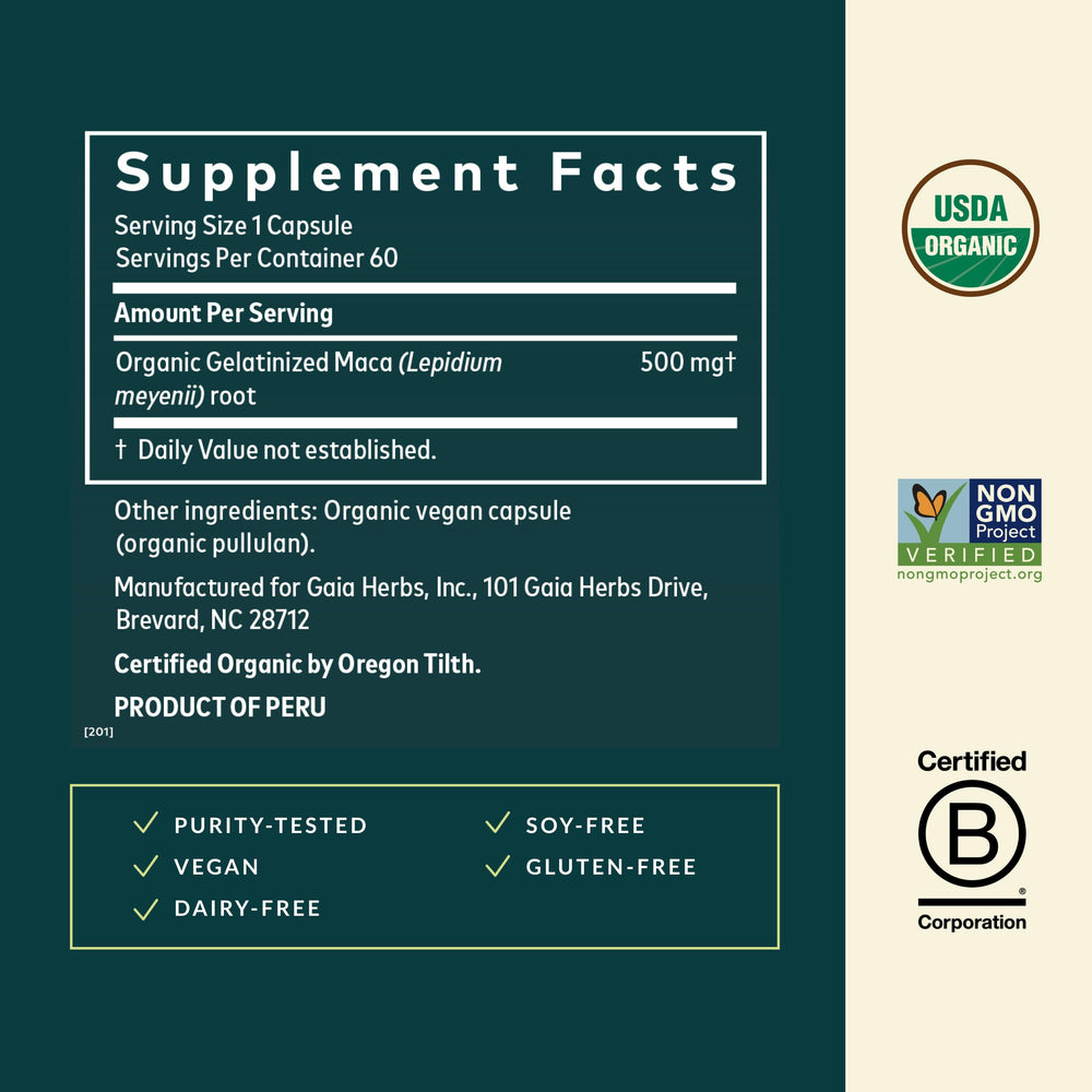 Gaia Herbs Maca Root label shows organic quality and clean ingredients.